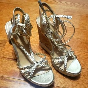 Express Gold Gladiator Wedge High Heel Sandals Strappy Peep Toe size 8